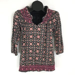 Lucky Brand Circle Diamond Smocked Blouse Women's Size Small Stretch Knit Boho